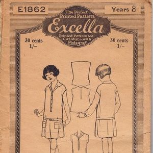 Uncut 1920s Excella Pattern Girls 8 Dress Easy Sew Shift cap or Long Sleeves